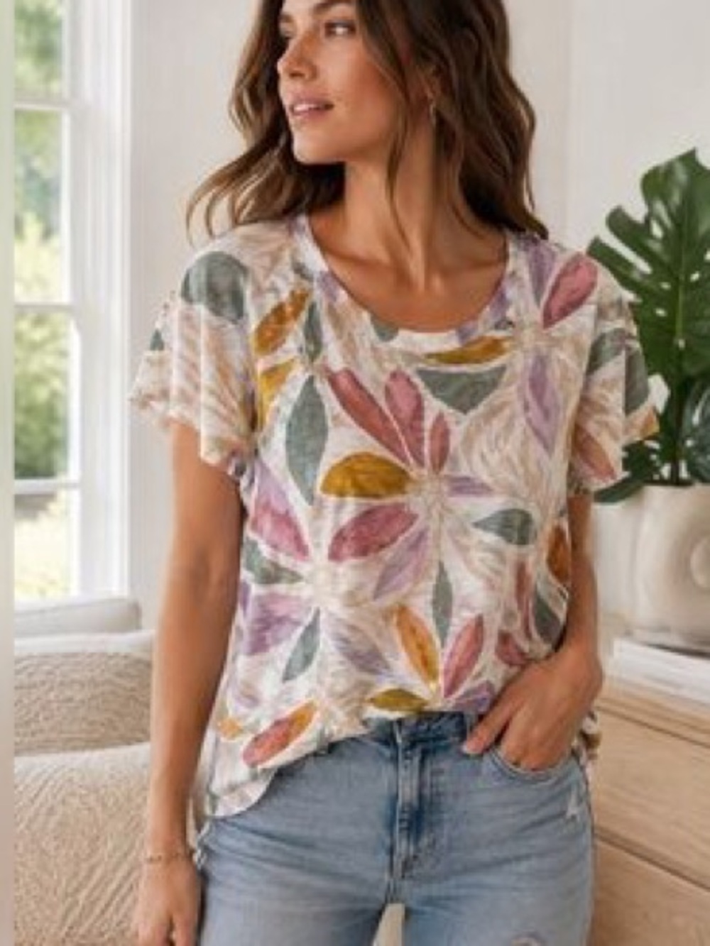 Nicole Miller NY 100% Linen Abstract Watercolor Floral Tee Size Medium